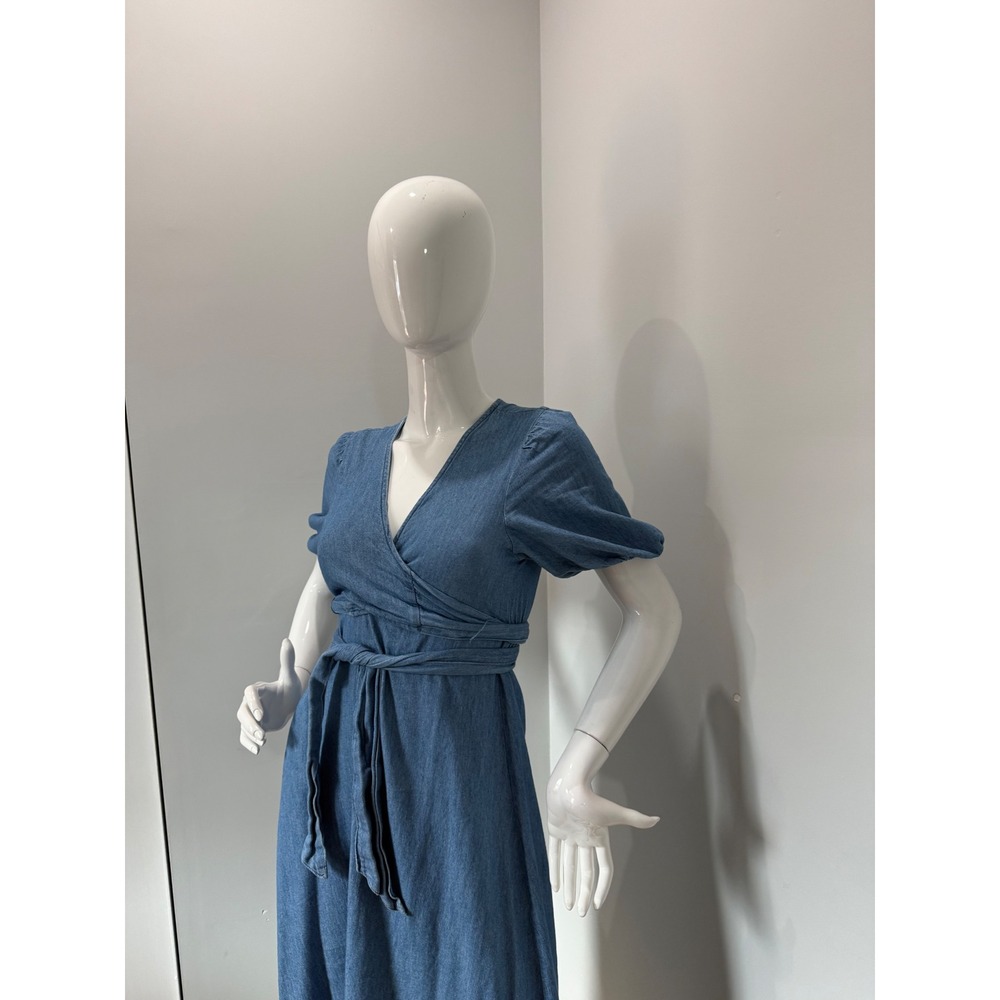 Old Navy Chambray Wrap Midi Dress Blue Puff Sleeve Tie Waist 100% Cotton size S - Picture 5 of 11
